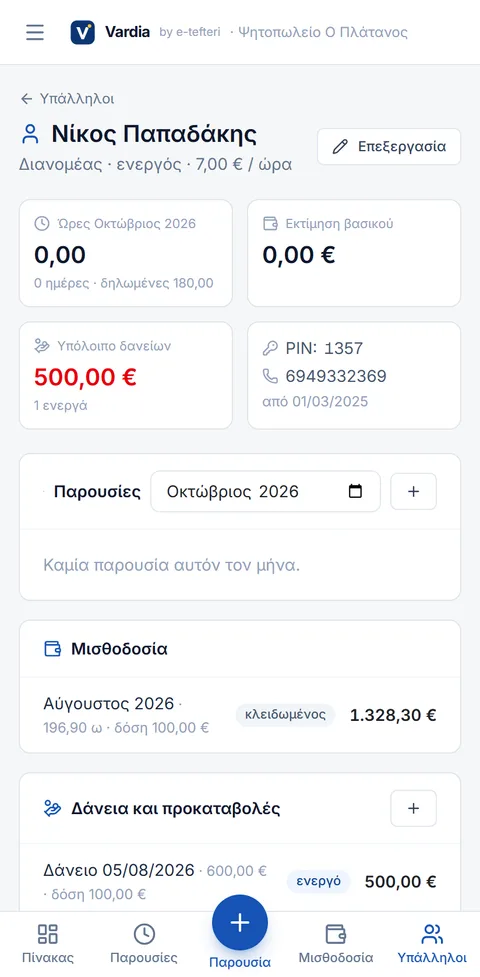 Καρτέλα υπαλλήλου με ώρες, δάνεια και παρουσίες